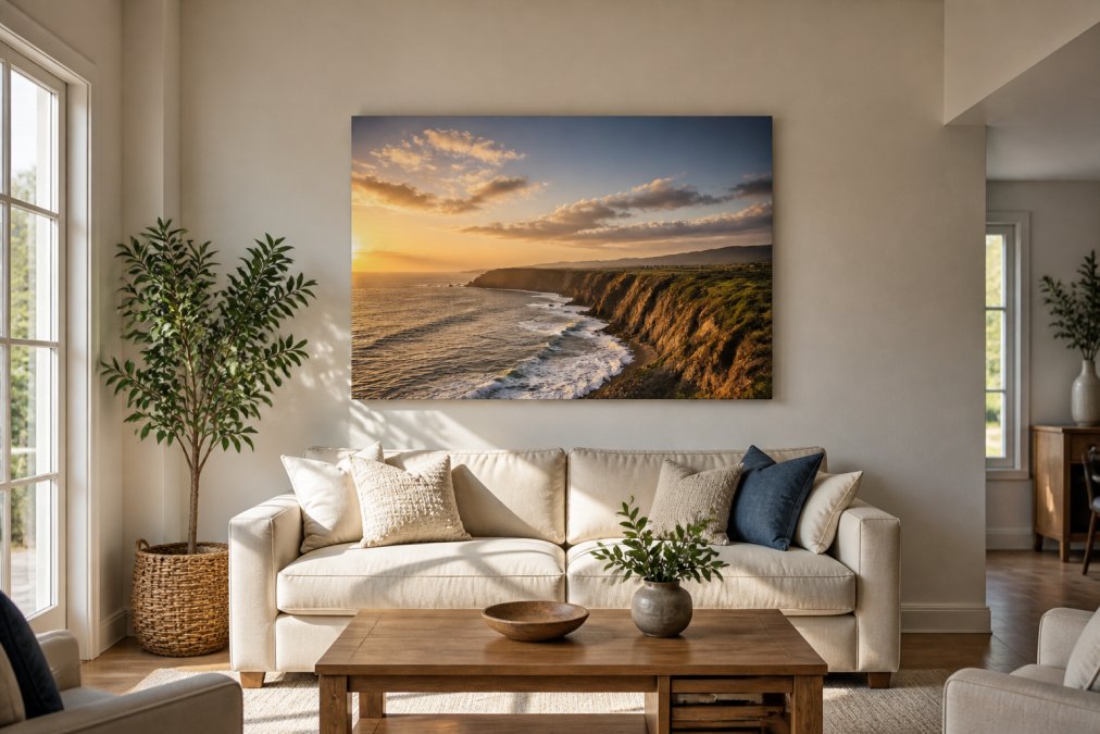 Modern living room with a large landscape canvas hung at eye level above a sofa, showing proper hanging height with natural light from windows illuminating the artwork and demonstrating spatial relationship between canvas and furniture