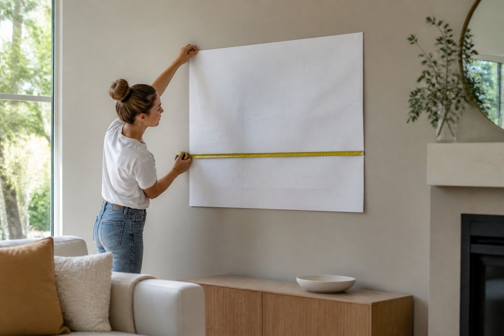 Homeowner in modern living room measuring wall with tape measure and holding up large paper template against wall to visualise landscape art size and placement before purchase, natural daylight from windows