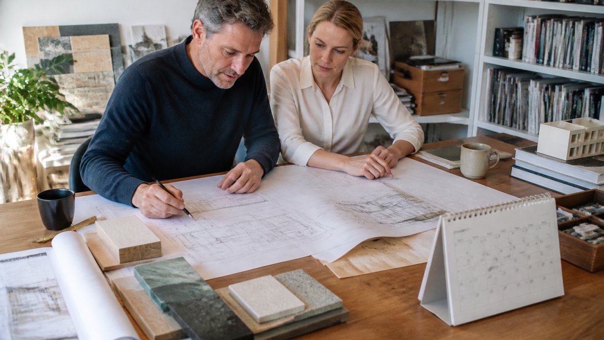 A homeowner and an architect reviewing blueprints together at a large wooden table in a bright home office, with a calendar and coffee mugs visible