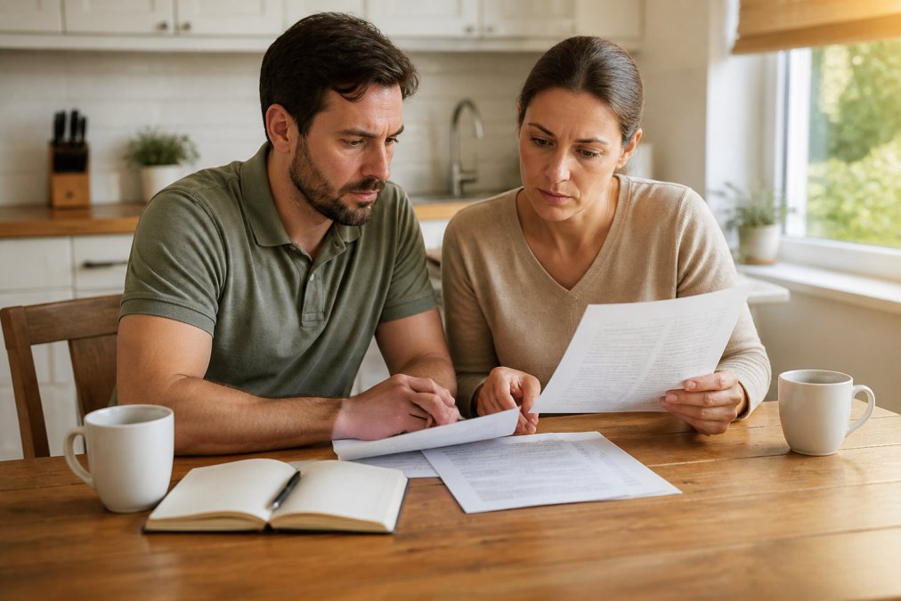 A couple sitting at a kitchen table reviewing insurance documents with a laptop and coffee cups, warm morning light through the window