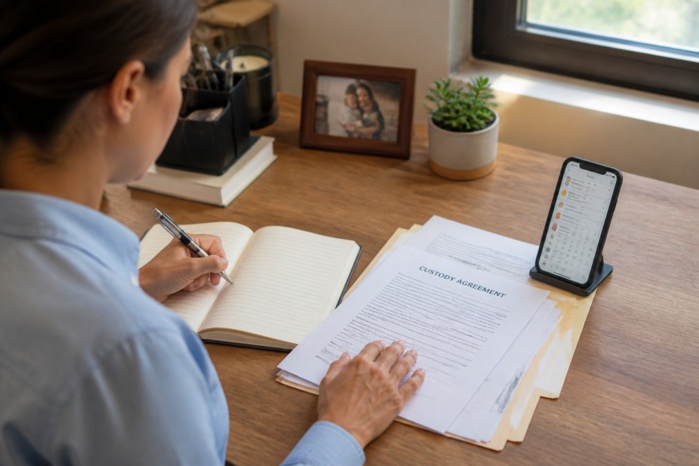 Parent taking notes and reviewing documents at a desk with a smartphone showing calendar notifications and a custody agreement document visible, natural office lighting streaming through a window