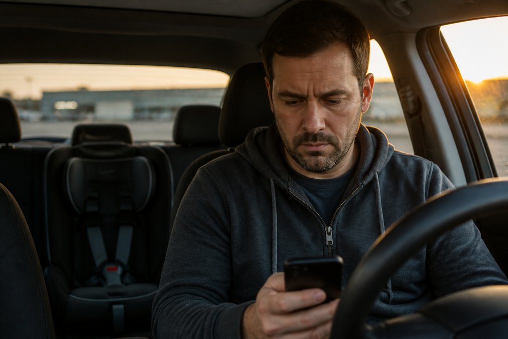 Parent sitting in a car looking at phone with concerned expression, child's empty car seat visible in the background, late afternoon lighting suggesting a missed pickup time