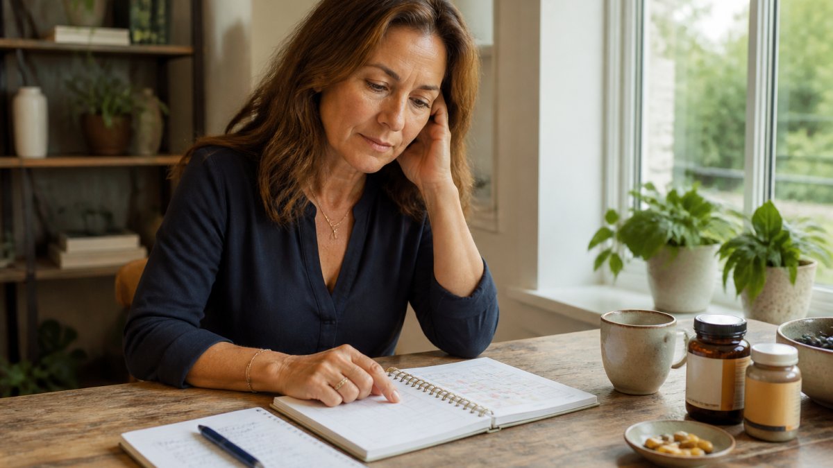 Woman in her 40s sitting at a desk near a window with natural light, looking thoughtful while reviewing a health tracking notebook and calendar, with a cup of tea nearby