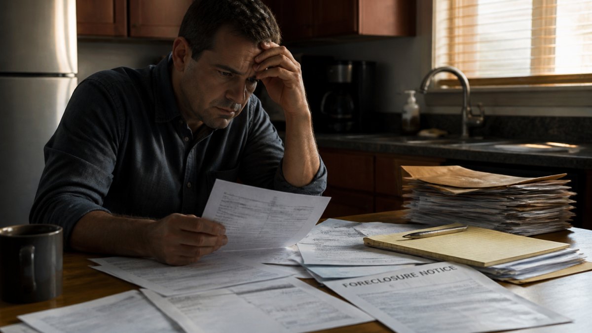 A distressed property owner in a dimly lit kitchen reviewing legal documents and foreclosure notices spread across a table, laptop open to property listings, late afternoon light through blinds
