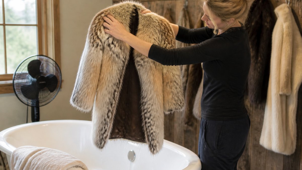 A person gently shaking excess water from a natural fur coat over a bathtub, with a towel nearby and a fan in the background, showing proper air-drying setup in a well-ventilated room