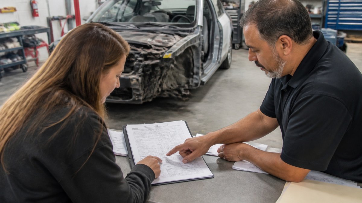 A vehicle owner and auto body shop manager reviewing a printed repair estimate together at a service counter, pointing at line items, with a partially disassembled car visible in the background of a clean collision repair facility