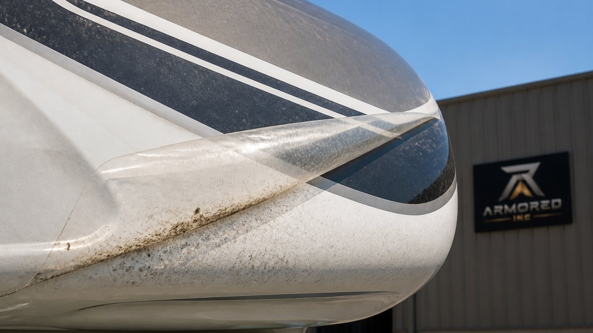 Infographic showing dirt and grit accumulating under a peeling edge of RV paint protection film on a front cap.