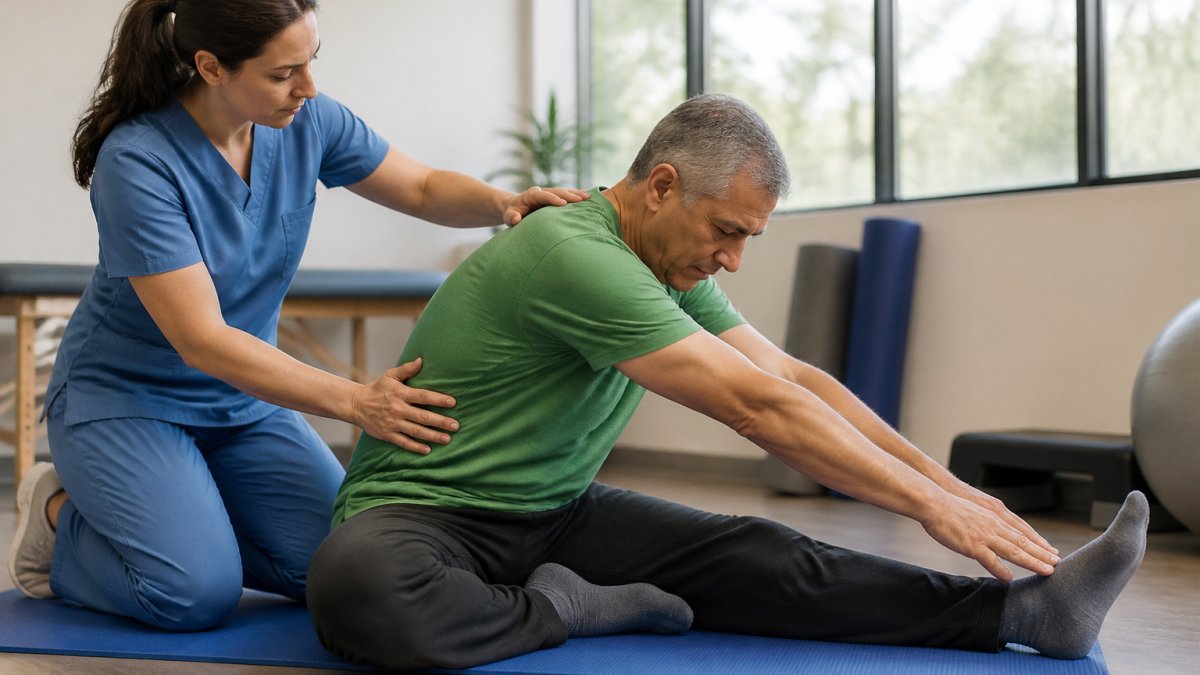 A middle-aged adult performing a gentle guided stretch on a mat in a bright, calm clinic room while a clinician observes and adjusts their posture