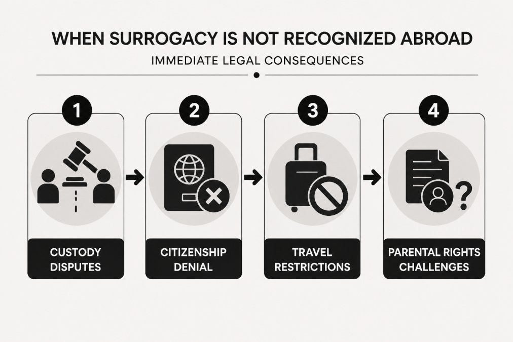 Professional illustration showing what happens if surrogacy is not recognized abroad