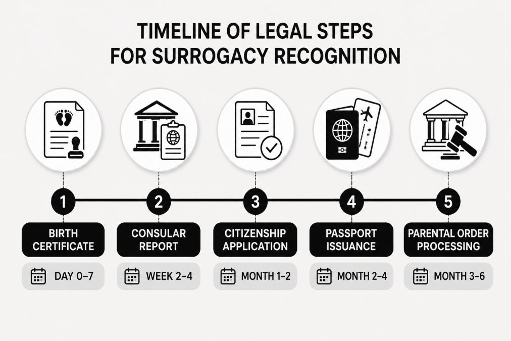 Process diagram showing steps for Timeline for what happens if surrogacy is not recognized abroad