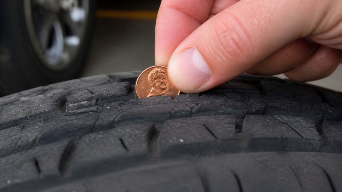Close-up of a hand holding a penny inserted into a tire tread groove, showing Lincoln's head and the depth measurement technique in natural daylight