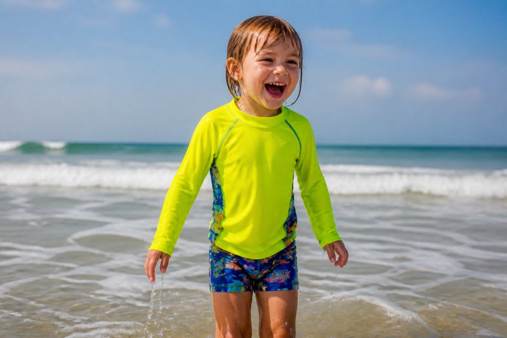 A young child wearing a bright neon UPF rash guard saturated with water at a beach, the vibrant color still visible as water drips from the long sleeves, with ocean waves in the background