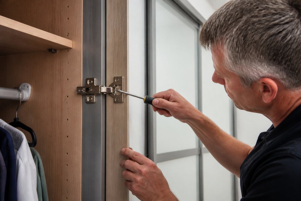 Close-up of hands holding a screwdriver positioned at the hinge screw on a sliding wardrobe door mechanism, with the door partially open to show the metal hinge arm and mounting bracket clearly