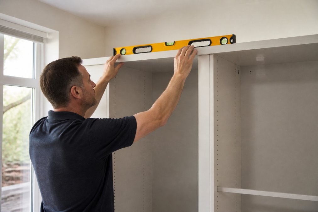 A spirit level held horizontally against the top edge of a wardrobe cabinet frame, with the bubble clearly visible and positioned between the centre lines indicating level, natural daylight from a window illuminating the scene