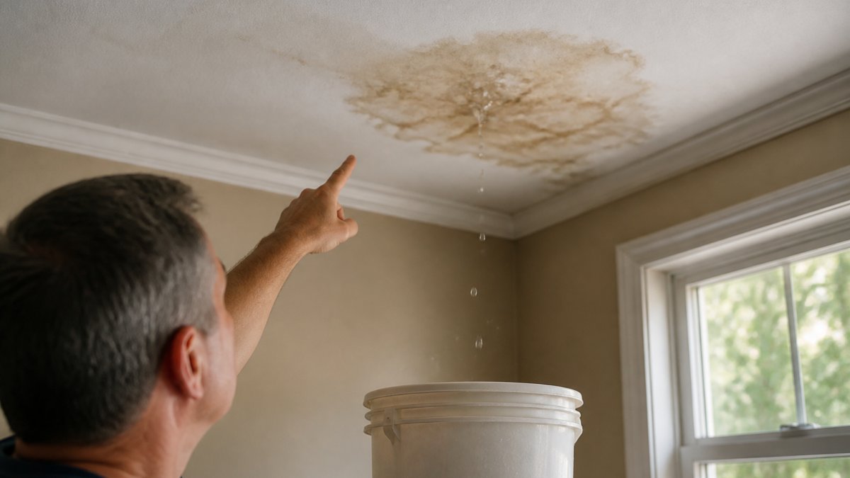 Close-up of a homeowner's hand pointing at a brown water stain on a ceiling, with a small bucket catching drips below, warm afternoon light through a nearby window