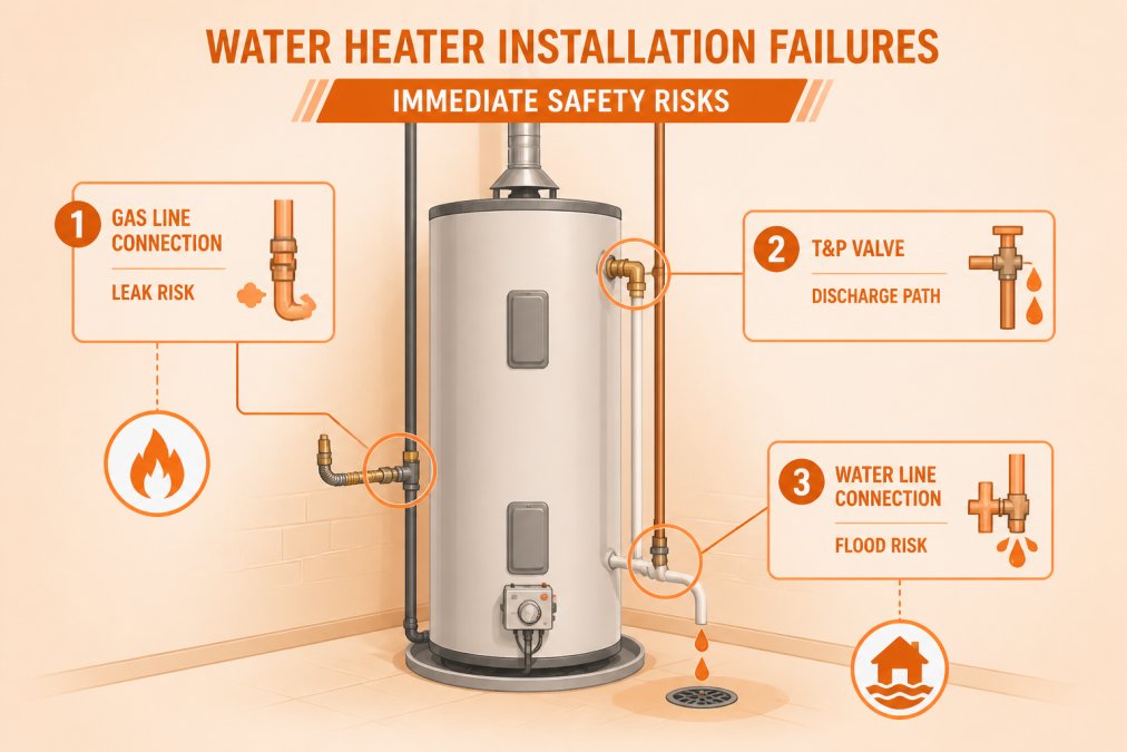 Diagram showing three primary failure zones on a water heater: gas line connection leak risk, T&P valve discharge path, and water line connection flood risk
