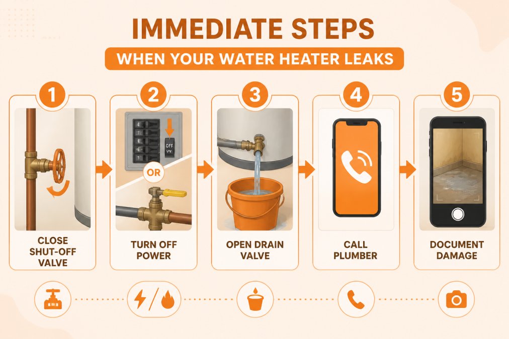 Flowchart showing emergency steps: 1) Locate and close shut-off valve on cold water line, 2) Turn off power (circuit breaker for electric or gas valve for gas), 3) Open drain valve at bottom of tank into bucket, 4) Call licensed plumber immediately, 5) Document water damage with photos