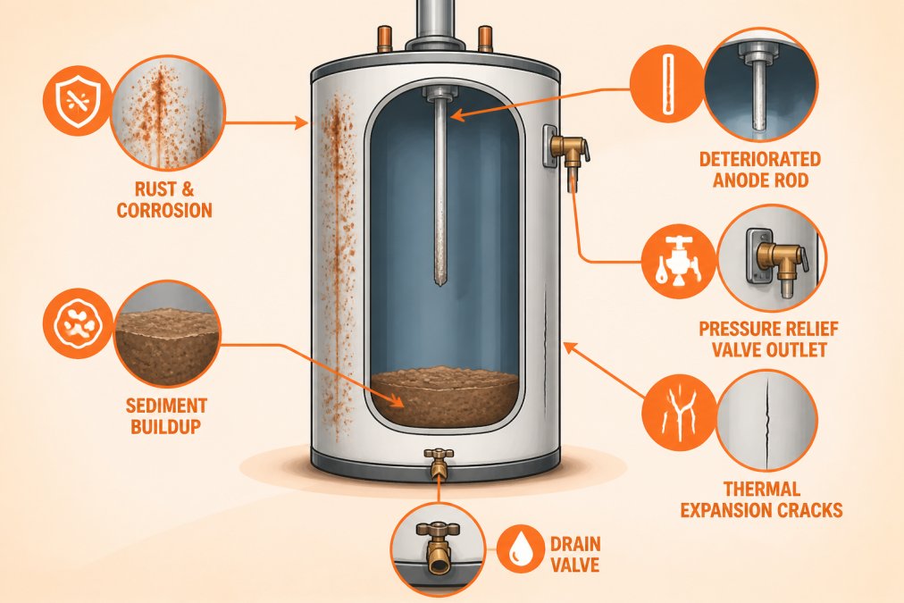Labeled diagram of water heater showing common failure points: rust and corrosion on exterior tank surface (red arrows), sediment buildup at tank bottom (brown layer), deteriorated anode rod location (top interior), pressure relief valve outlet (side), drain valve at base, and thermal expansion cracks (vertical lines on tank)