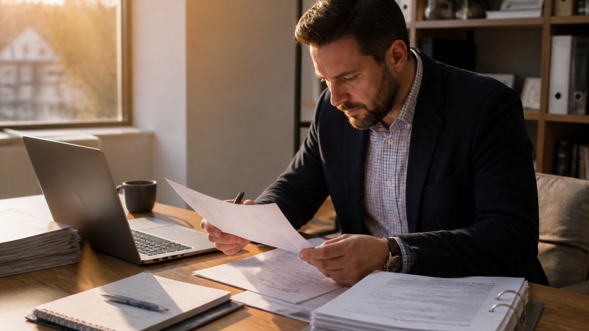 A multifamily asset manager reviewing printed financial statements and a loan agreement at a desk, laptop open to a property performance dashboard, warm office lighting