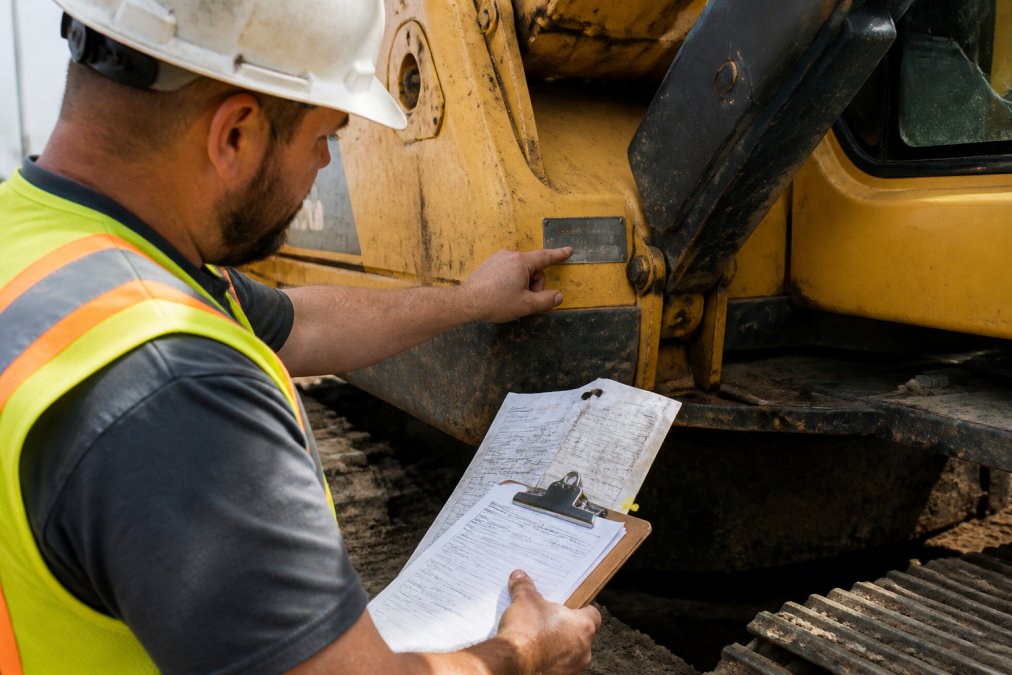 Construction worker's hands examining the serial number plate on an excavator's frame, holding a verification document and clipboard in natural daylight