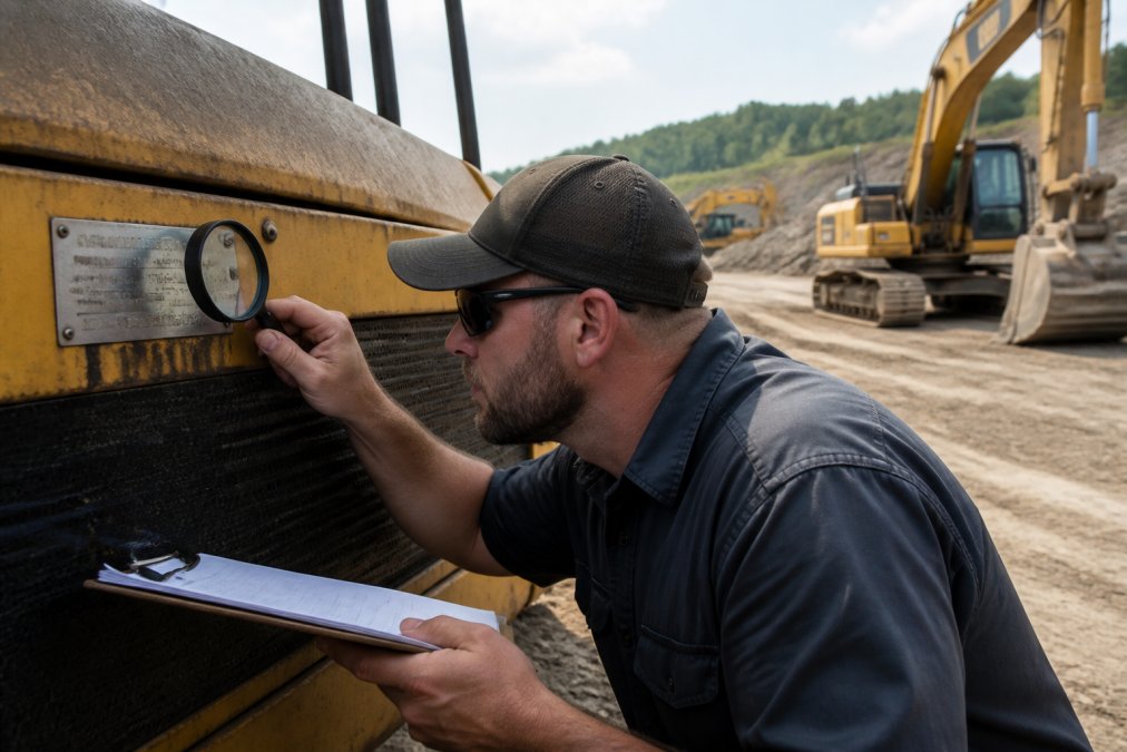Professional buyer examining heavy equipment serial number plate with magnifying glass and documentation, outdoor construction site with equipment in background