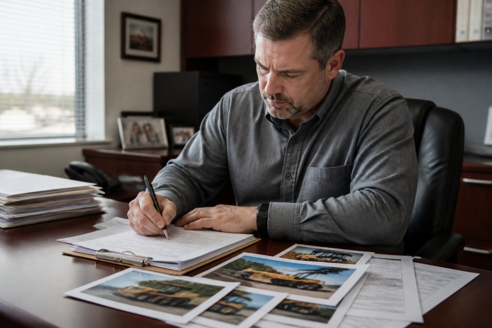 Equipment manager filing police report at desk with equipment photos and documentation spread out, office setting with natural lighting