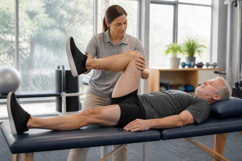 Physical therapist working with patient in clinical setting, demonstrating therapeutic knee exercises with proper form and supportive equipment visible, natural lighting from clinic windows