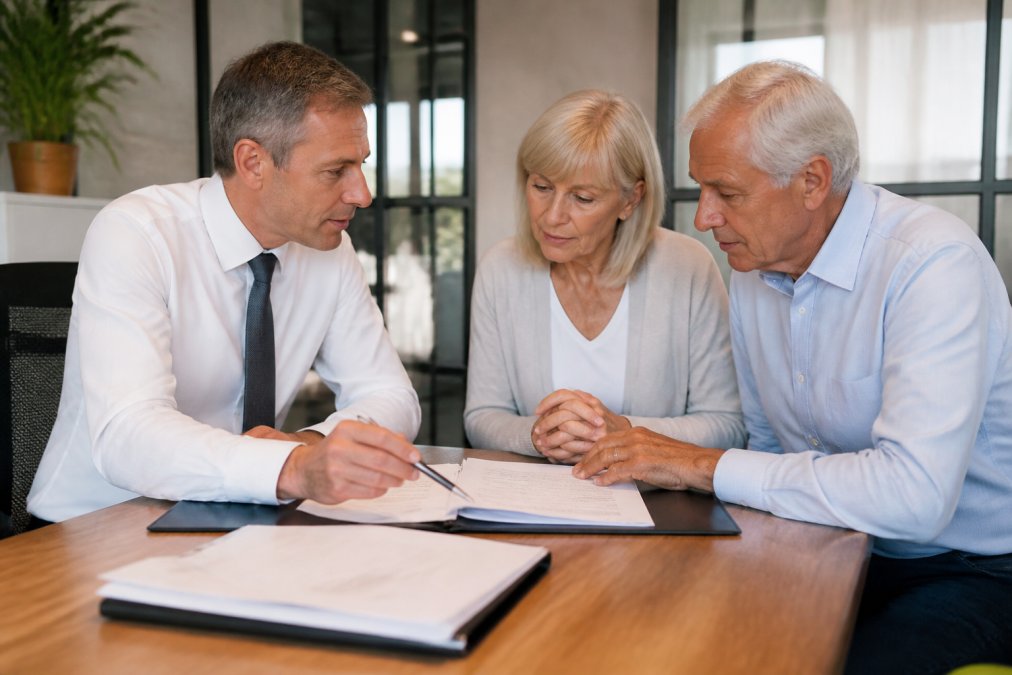 A family solicitor in a bright, modern office explaining documents to an older couple across a desk, with a folder of papers and a laptop open, conveying clear, jargon-free advice