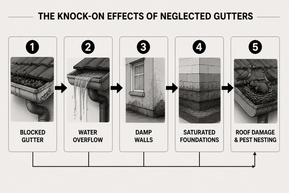 Flowchart showing a blocked gutter leading to water overflow, damp walls, saturated foundations, roof damage and pest nesting, with arrows linking each stage in sequence