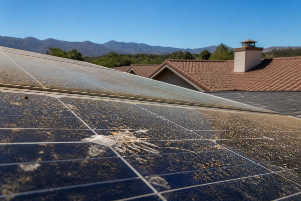 Dust, pollen, and bird droppings covering a rooftop solar panel, highlighting the need for clean solar panels.