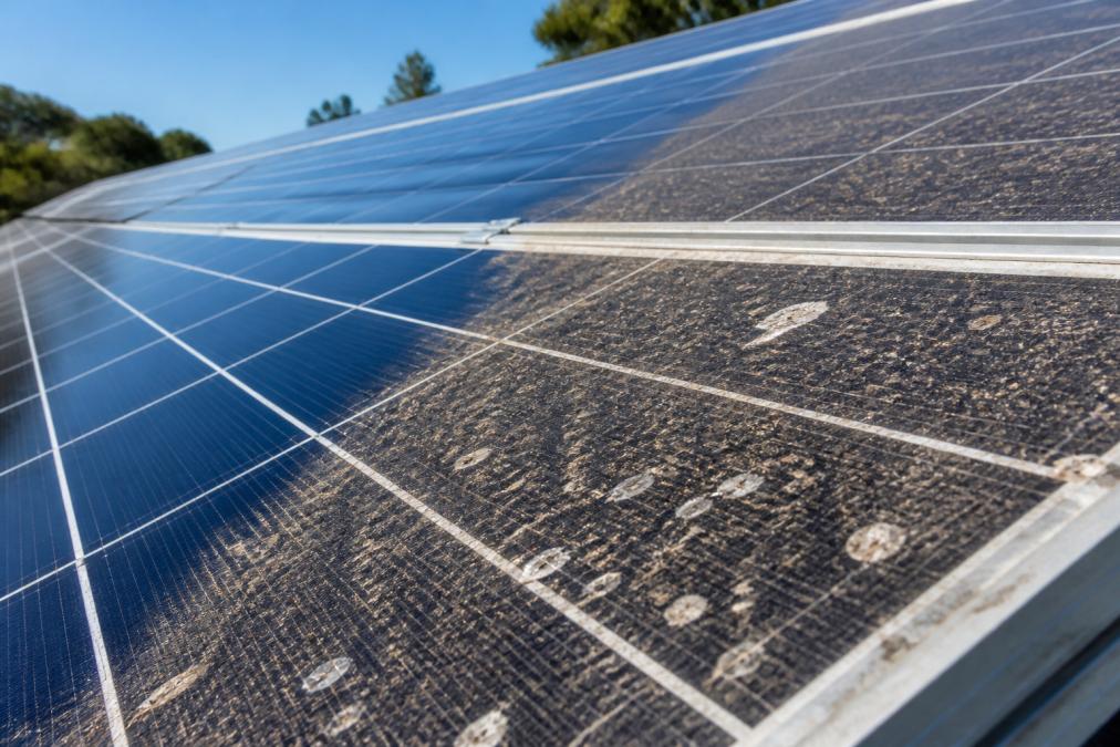 Close-up of a solar panel with visible dust, bird droppings, and grime buildup on the glass surface showing the contrast between dirty and clean sections under bright sunlight