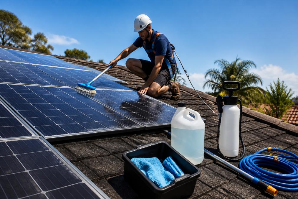 Professional wearing safety gear and harness on a residential roof, using a soft non-abrasive brush and deionized water to clean solar panels under bright daylight