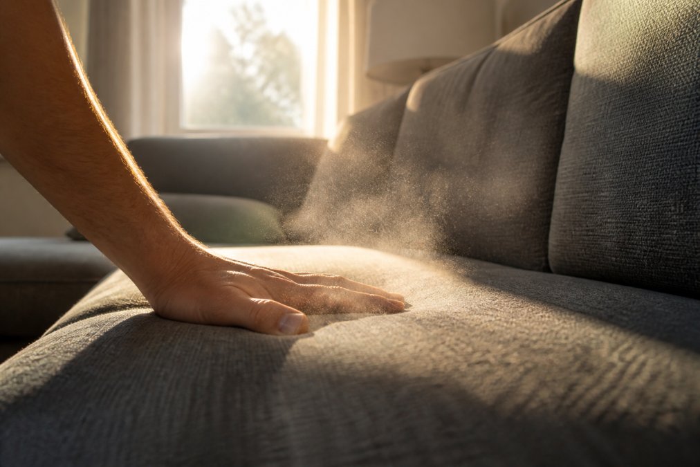 Close-up of a hand pressing down on a fabric sofa cushion, releasing a small puff of dust into a beam of afternoon sunlight streaming through a living room window