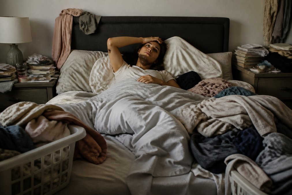 Person lying awake in bed looking stressed, surrounded by piles of clothes, stacks of items on nightstands, and general bedroom clutter visible in soft morning light
