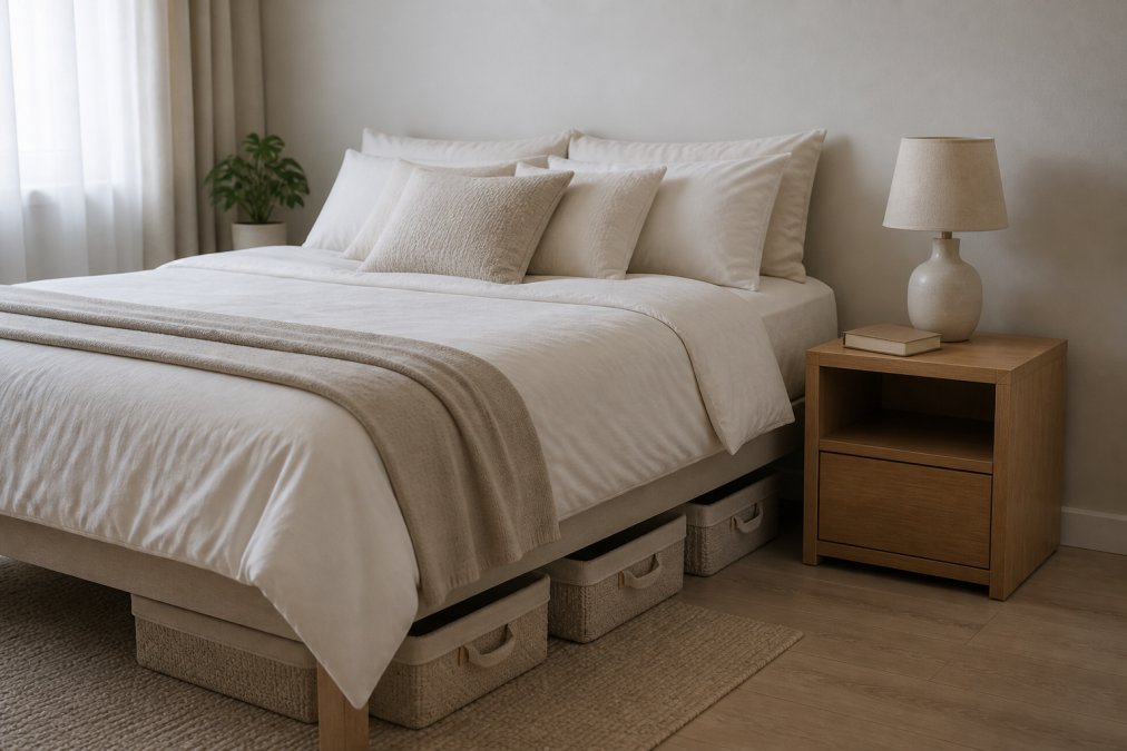 Serene, minimalist bedroom with clear surfaces, organised storage containers under the bed, a tidy nightstand with a lamp and single book, soft bedding, and calm neutral tones