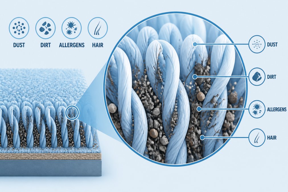 Close-up of carpet fibers showing accumulated dust, dirt particles, and debris trapped deep within the pile structure under magnified lighting