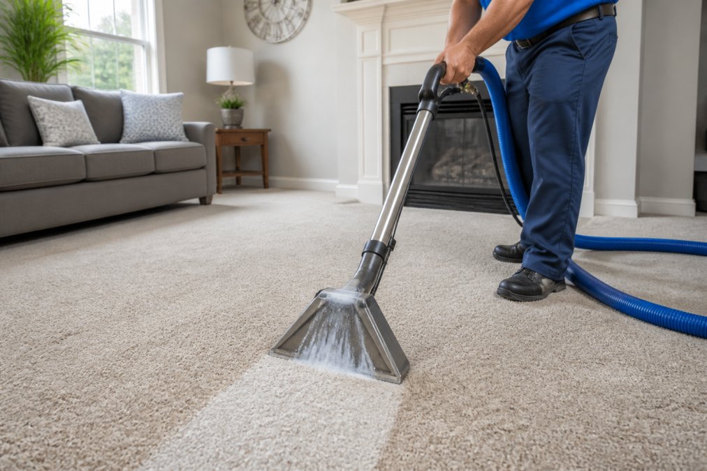Professional carpet cleaning technician using truck-mounted hot water extraction equipment on residential carpet, with visible water extraction and dirt removal in action