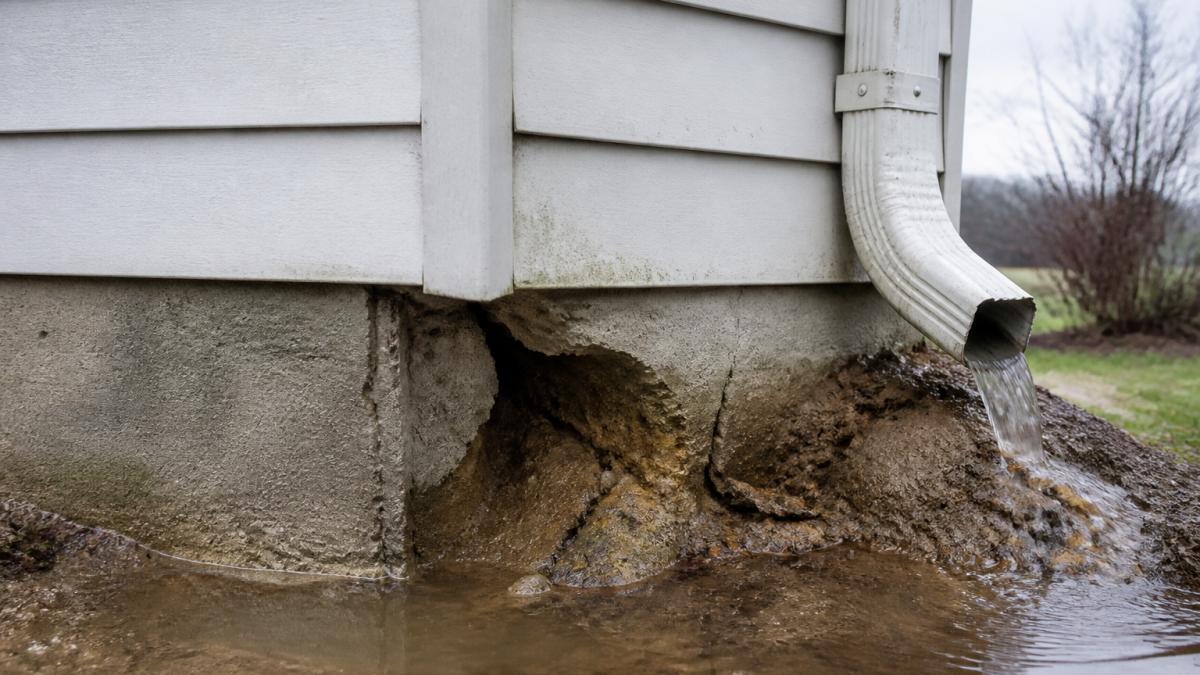 Close-up of a home's foundation corner with visible water pooling and soil erosion next to a downspout discharging too close to the house, overcast afternoon light