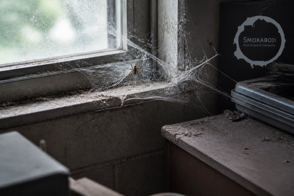Close-up of cobwebs and a spider near a basement window sill in a dim home interior, dust and clutter visible nearby