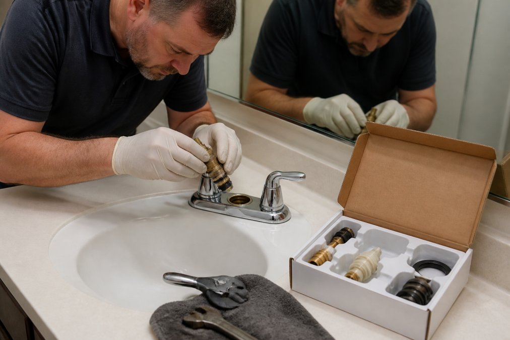 A maintenance professional in work gloves installing a faucet cartridge into a bathroom sink valve, with an open OEM parts kit laid out on the counter nearby, bright task lighting