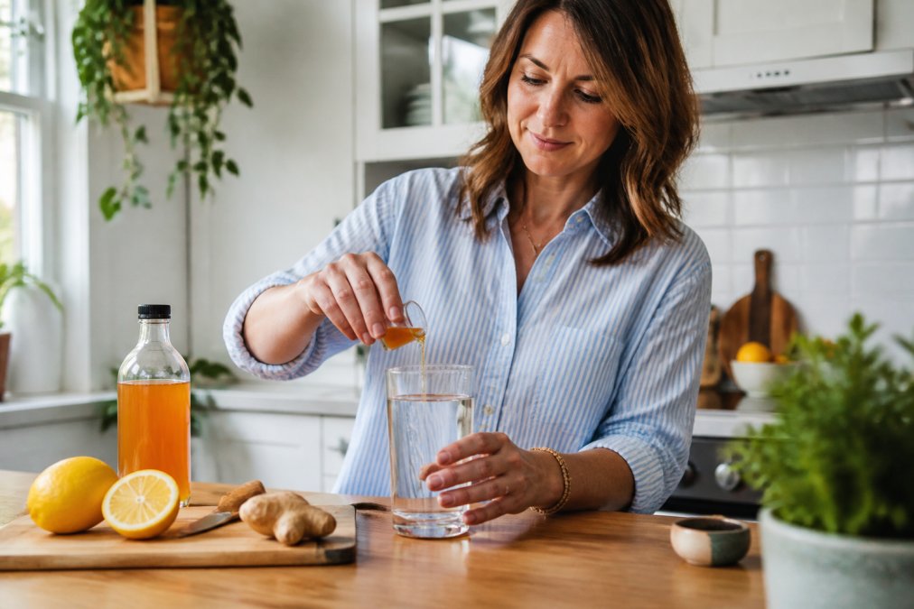 A woman in her 40s in a bright kitchen pouring a small shot of apple cider vinegar into a glass of water, with fresh lemons and a bottle of wellness tonic on the counter