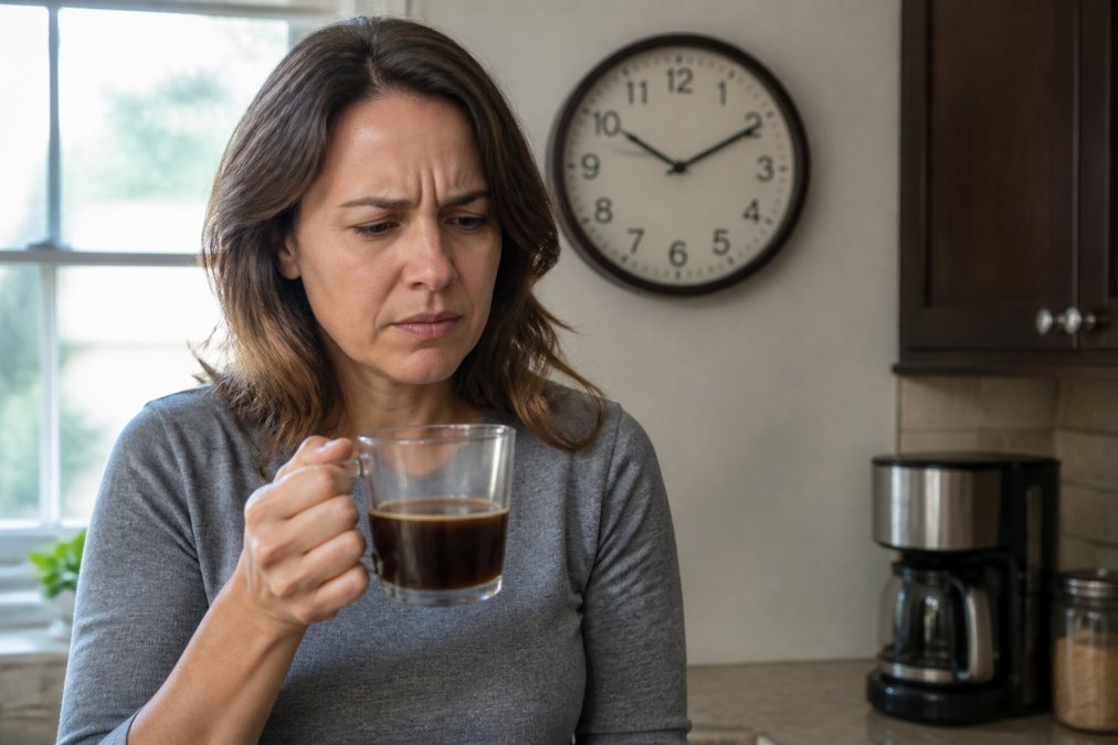 A clear glass mug of coffee sitting on a kitchen counter for hours, showing a dull surface, with a clock in the soft-focus background suggesting the passage of time