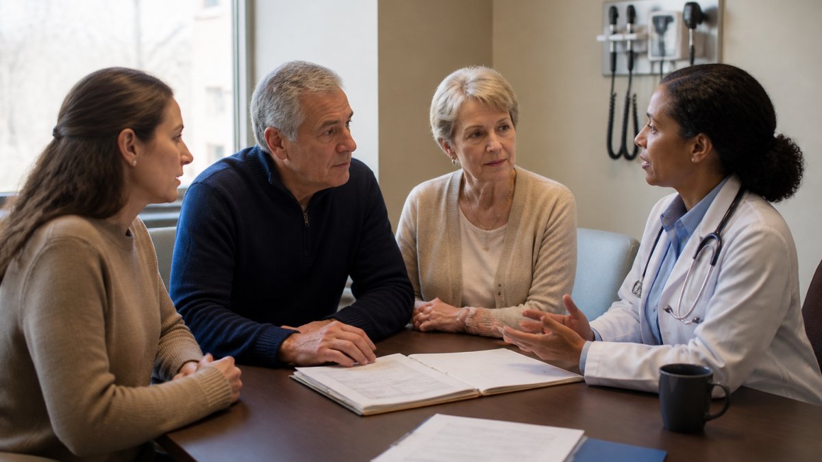 Family members and healthcare provider having a discussion in a hospital consultation room with medical charts on the table, natural window lighting