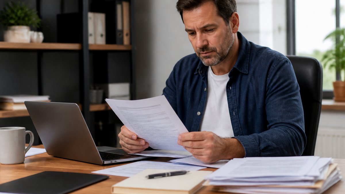 A person reviews legal debt summons documents on a laptop at a desk to understand what happens if you ignore a debt summons