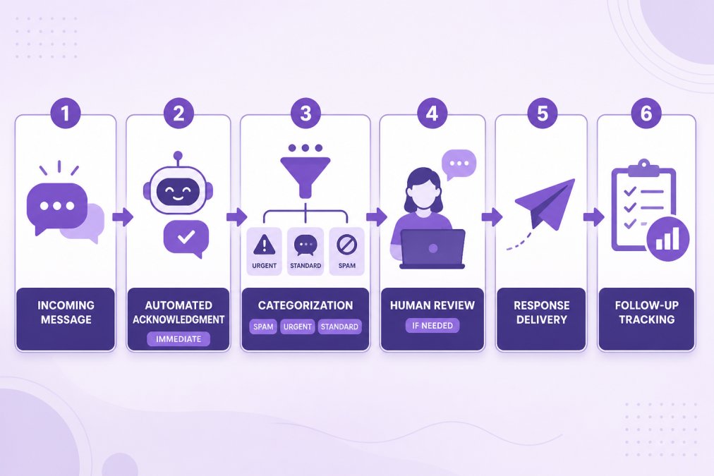 Flowchart showing customer message handling process: Incoming message → Automated acknowledgment (immediate) → Categorization (spam/urgent/standard) → Human review (if needed) → Response delivery → Follow-up tracking