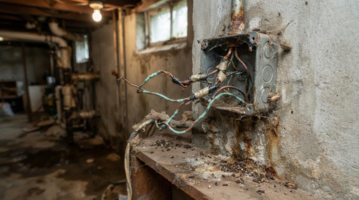Close-up of corroded copper wiring and water-damaged electrical connections in a home's basement utility area with visible oxidation and mineral deposits
