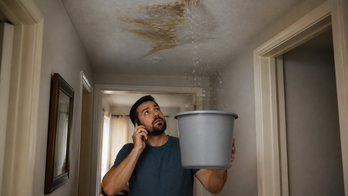 A homeowner in casual clothes placing a bucket under an active ceiling drip in a dimly lit hallway, water stains visible on the ceiling above, phone in hand ready to call for help