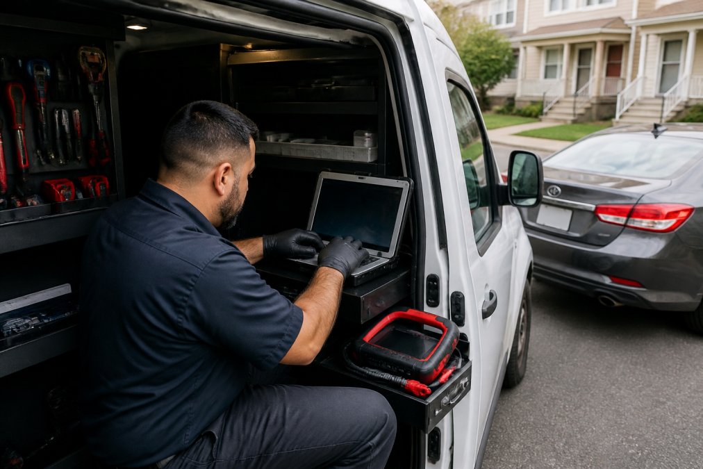 A mobile automotive locksmith in a work van programming a new car key fob on a laptop while parked on a residential street in Northern Virginia