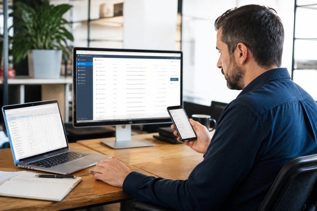 Operations manager at desk reviewing work orders on computer screen and mobile device, organized digital workflow visible on multiple screens, professional office lighting