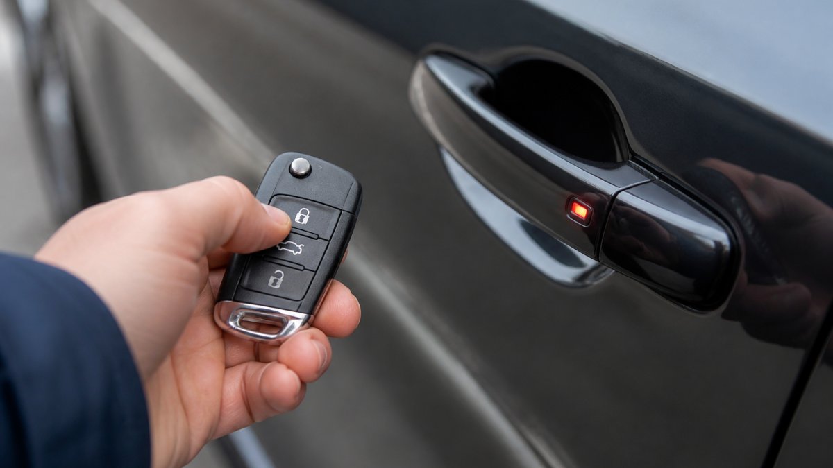 Close-up of a hand holding a car key fob near a vehicle's electronic door lock, showing the fob's buttons and the vehicle's locking mechanism with LED indicator light